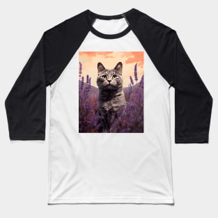 Feline Garden Delight: Retro Vintage Cat Lavender Florals Baseball T-Shirt